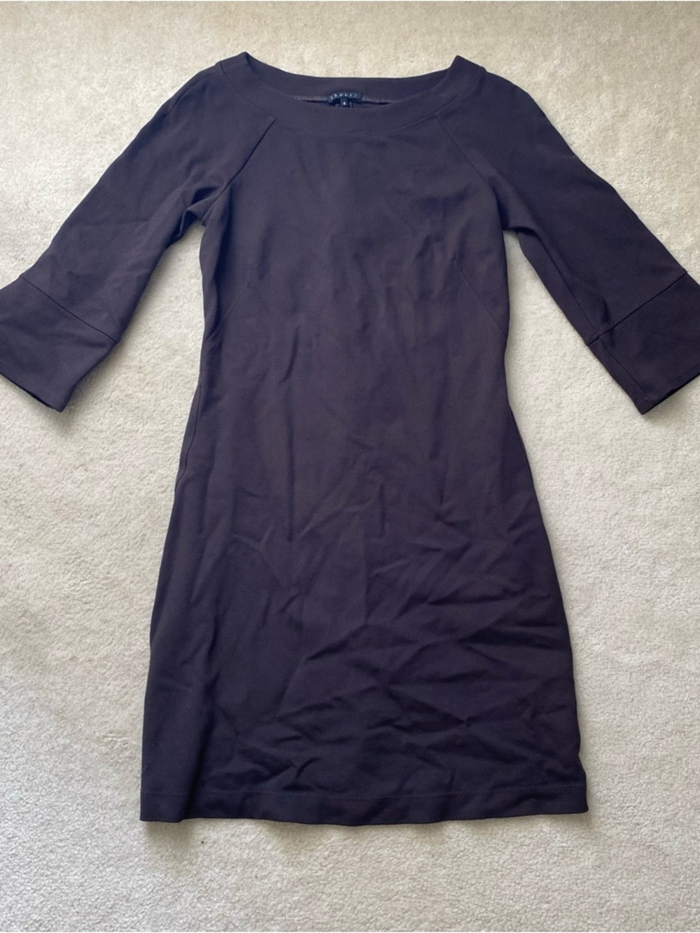 Theory Classic 3/4 Sleeve Shift Dress Boat Neck Minimalist Office Dark Brown 6